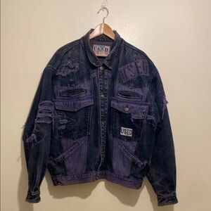 GET USED BY ELIE Distressed Black and Purple Denim Jacket. Size L